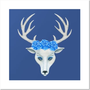 White Deer Head Antlers Blue Roses Posters and Art